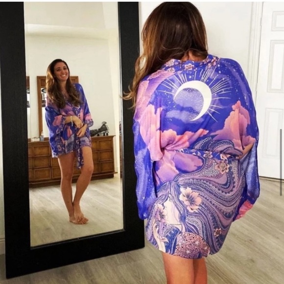 New Bohemian Moon & Stars Mixed Floral Print Kimono Cardigan Jacket Robe - Picture 3 of 17